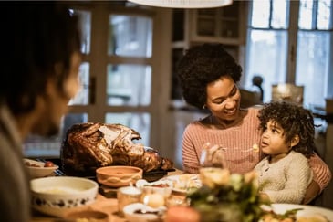 Family enjoying Thanksgiving dinner at the table