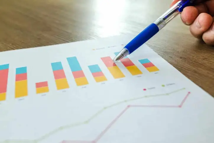 A pen on a paper pointing at bar graphs