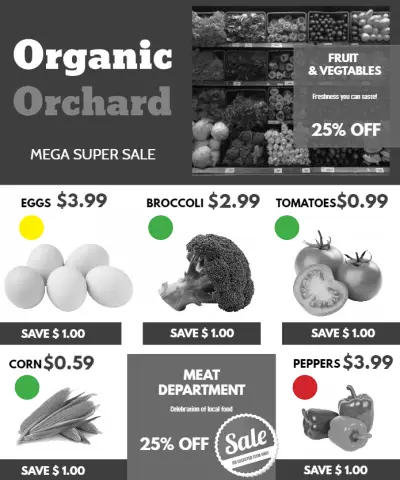 Grocery flyer with Daisy's red, yellow, green color scoring applied